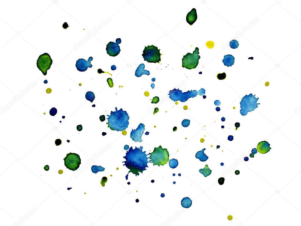 Abstract paint splashes with blue, green and yellow spots