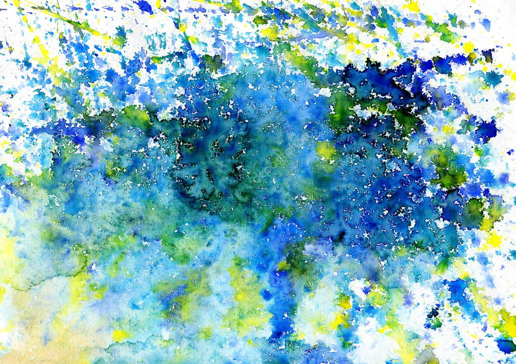 Abstract blue and yellow watercolor  paint stain.