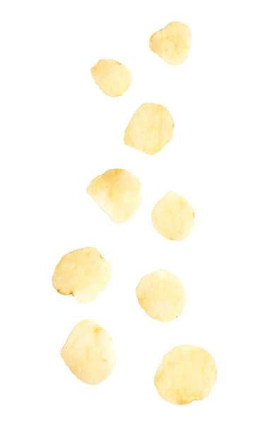 Potato Chips Vallen Geïsoleerd Witte Achtergrond — Stockfoto