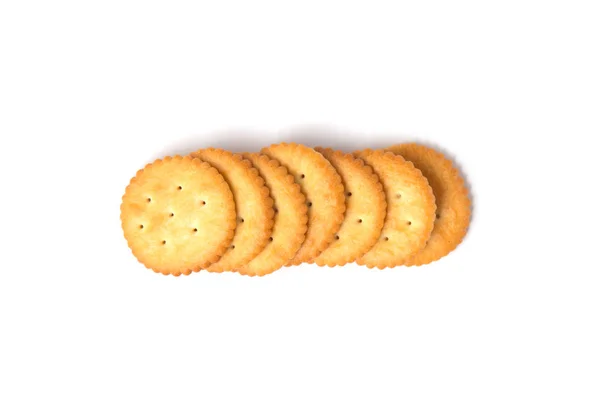 Felülnézet Kerek Sós Cracker Cookie Elszigetelt Fehér Background — Stock Fotó