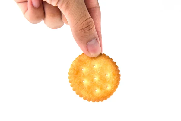 Maschio Mano Tenendo Rotondo Cracker Cookie Isolato Sfondo Bianco — Foto Stock