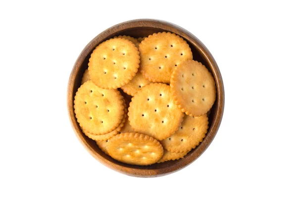 Biscoitos Biscoitos Salgados Redondos Tigela Madeira Isolada Fundo Branco — Fotografia de Stock