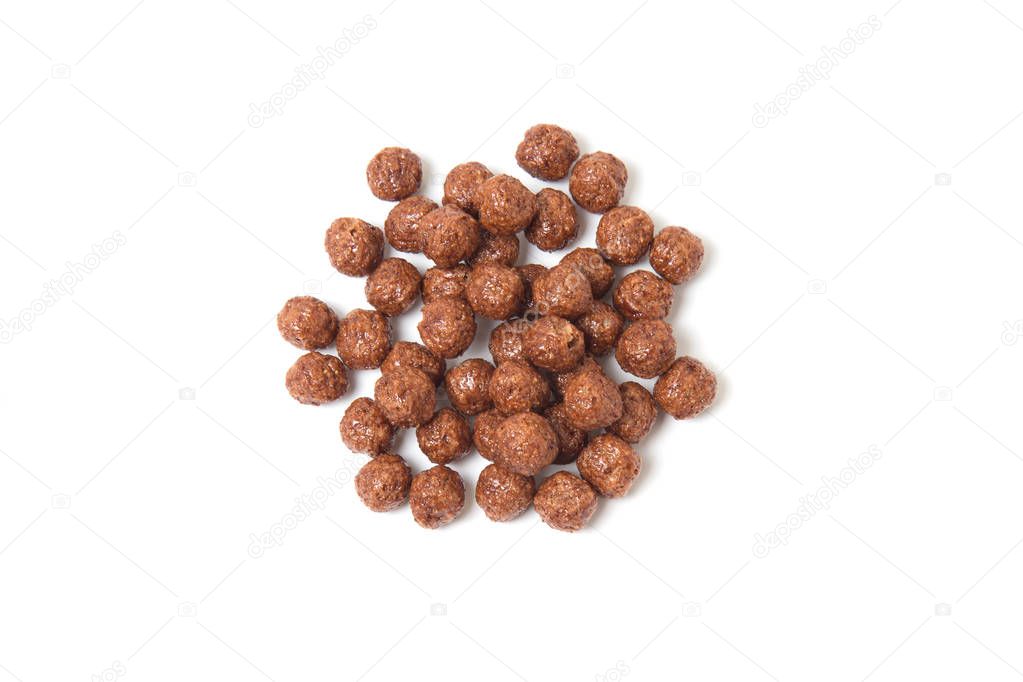 Topview of chocolate cereal balls isolated on white background.