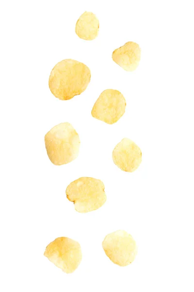 Potato Chips Vallen Geïsoleerd Witte Achtergrond — Stockfoto