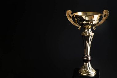 Altın trophy üzerinde siyah arka plan kapatın. Kopya alanı metin ve tasarımı ile kazanan Ödülleri.
