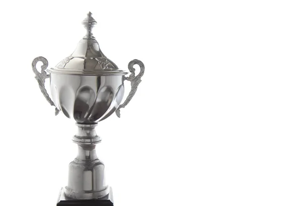 Närbild Silver Pokalen Isolerad Vit Bakgrund Vinnande Utmärkelser Med Kopia — Stockfoto