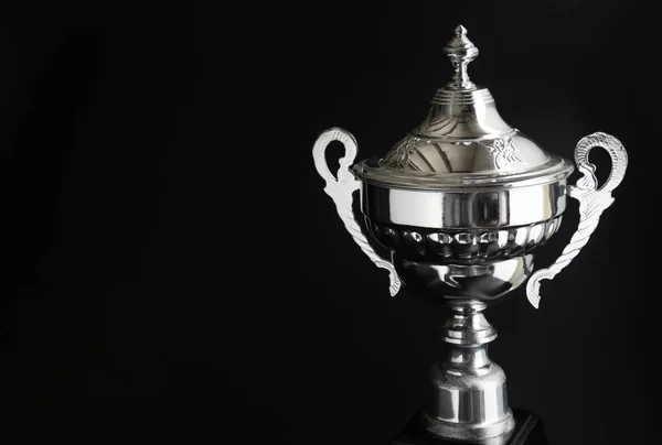 Close Silver Trophy Black Background Winning Awards Copy Space Text — Stock Photo, Image