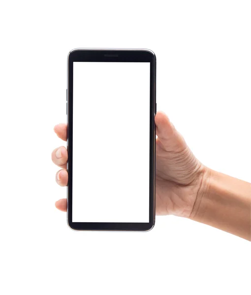 Frau Hält Schwarzes Smartphone Mit Leerem Bildschirm Auf Weißem Hintergrund — Stockfoto