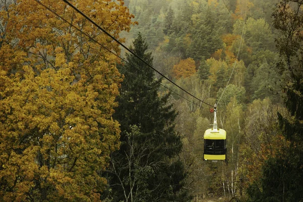 Malowniczy Widok Kolejki Linowej Nad Mglistym Lasem Sezonie Jesiennym — Zdjęcie stockowe