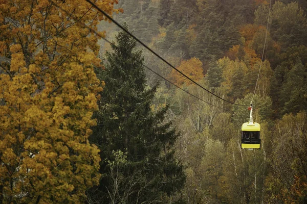 Malowniczy Widok Kolejki Linowej Nad Mglistym Lasem Sezonie Jesiennym — Zdjęcie stockowe