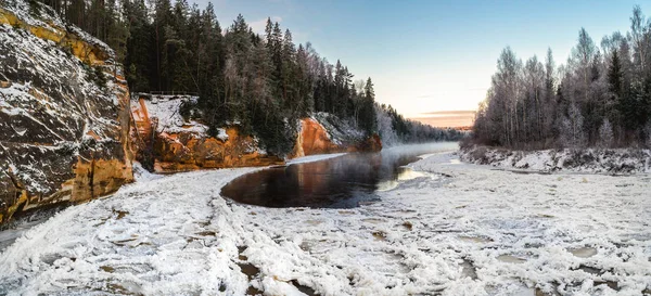 Krajobraz Naturalny Drzewami Rzeką Sezonie Zimowym — Zdjęcie stockowe