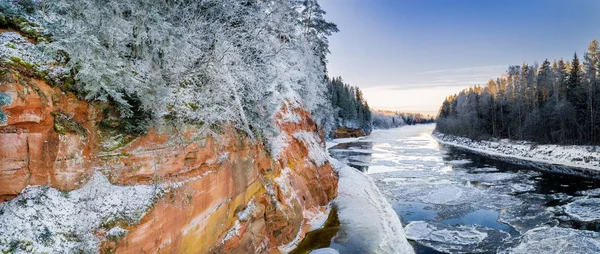 Natuurlijk Landschap Met Bomen Rivier Het Winterseizoen — Stockfoto