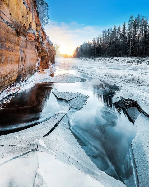 冬季有树木和河流的自然景观 — 图库照片
