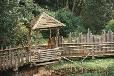 Tervete, Letonya - 18 Ağustos 2018: Cücelerin peri evleri ve Tervete doğa parkının ormanlarında yapılmış ahşap figürler.