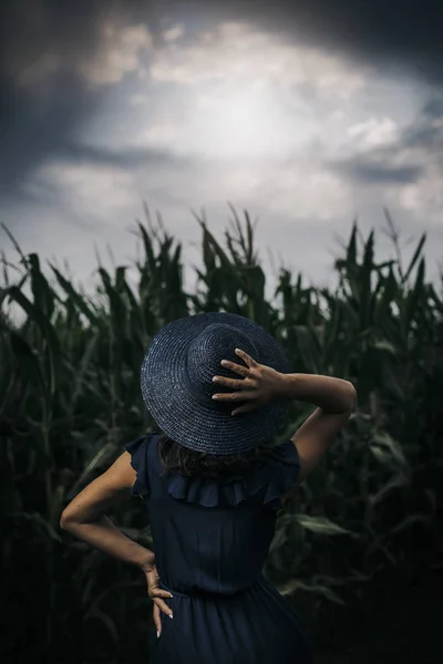 Fırtınalı bulutlar sırasında mısır tarlasında arkadan mavi şapkalı güzel bir kadın..