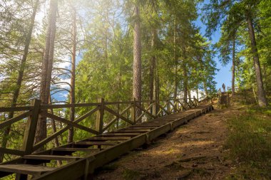 Ligatne, Letonya 'daki Kum Taşı Mağaraları. Eski ahşap kapıları olan mağaralar.