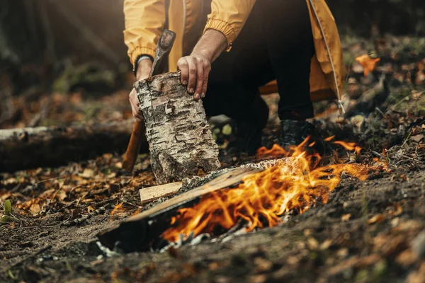 Vue Rapprochée Feu Camp Fond Forêt Sombre Lors Une Froide — Photo