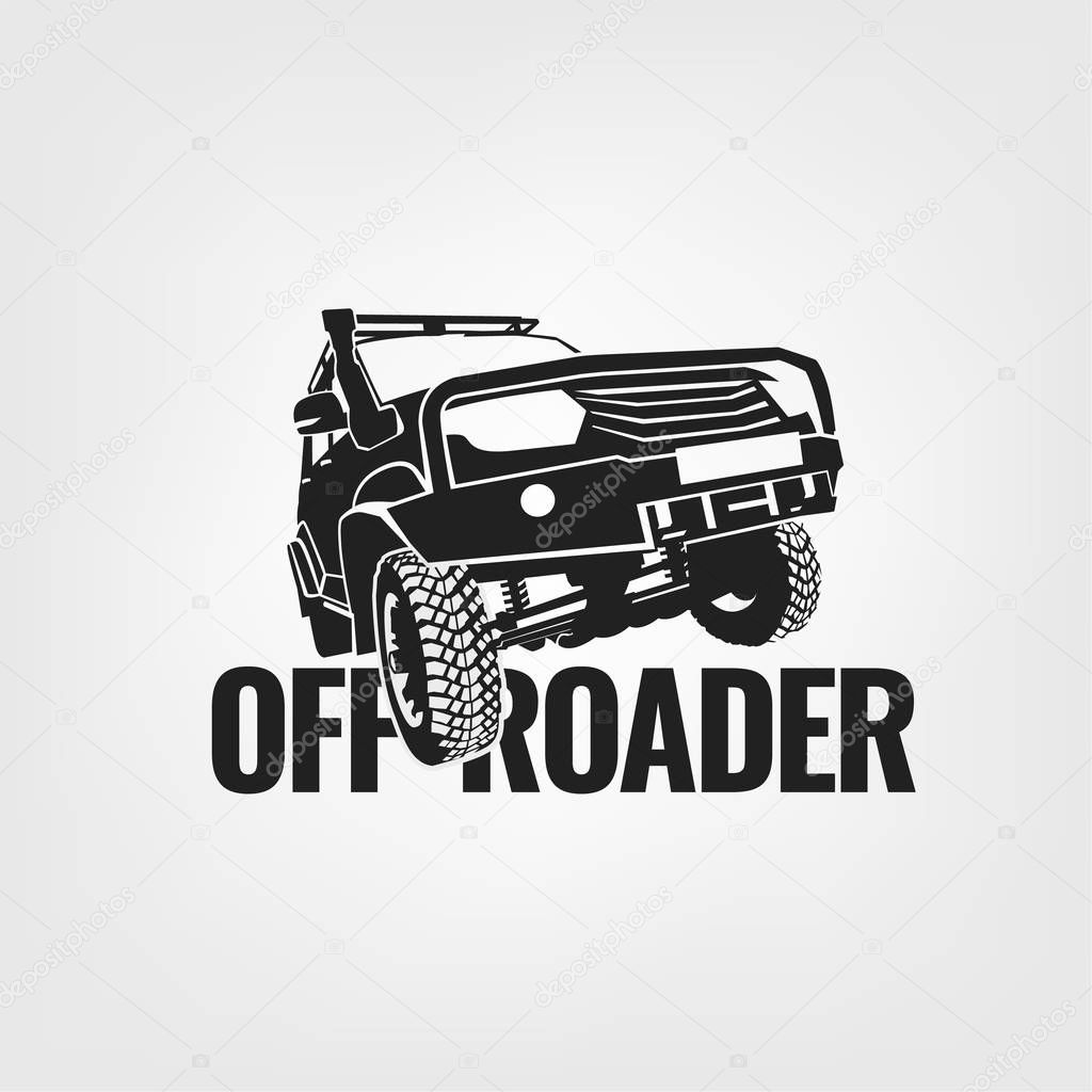 Off-road car. Off-roading suv adventure, extreme competition emblem and car club element. Beautiful vector illustration in monochrome color isolated on a light background.