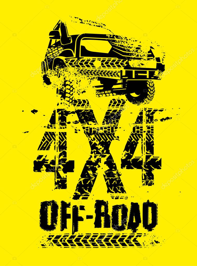 Off-road Club logo. Extreme competition emblem. Off-roading suv adventure and car event design elements. Beautiful vector textured illustration in black color isolated on a bright yellow background.