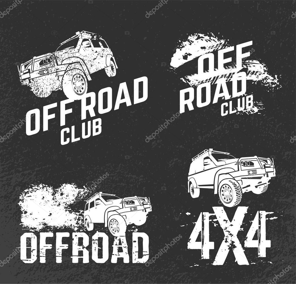 Off-road logo set. Extreme competition emblem. Off-roading suv adventure and car club elements. Beautiful vector illustration in white color with unique textured images isolated on a dark background.