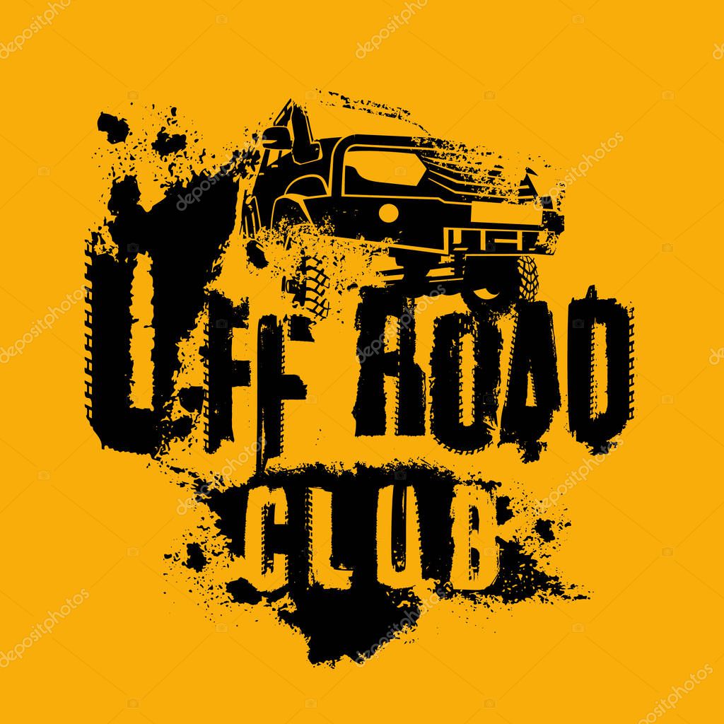 Off-road Club logo. Extreme competition emblem. Off-roading suv adventure and car event design elements. Beautiful vector textured illustration in black color isolated on orange background.