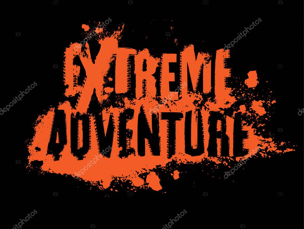 Off-Road EXTREME ADVENTURE hand drawn grunge lettering isolated on a black background. Tire tracks word made from unique letters. Editable vector illustration in bright orange color.