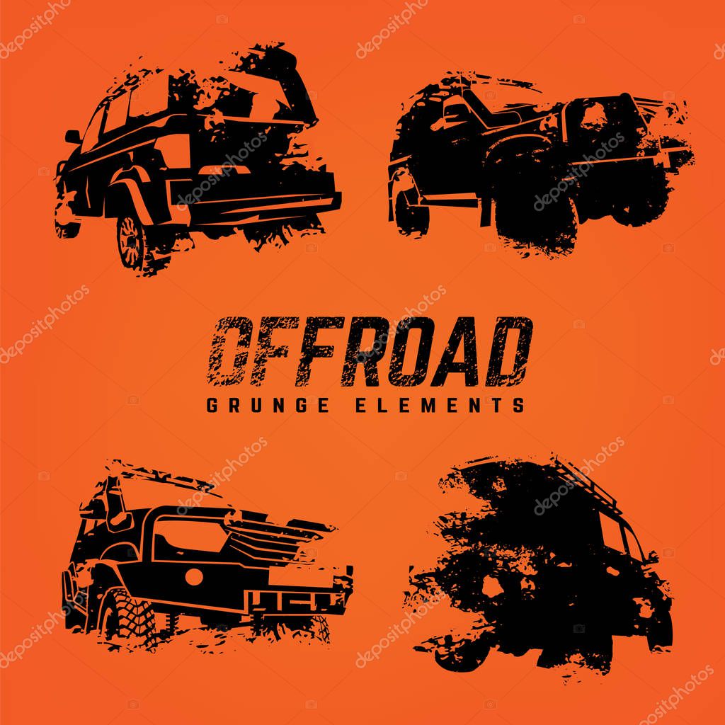 Off-road logo elements set. Extreme competition emblem. Off-roading suv adventure and car club design materials. Beautiful vector textured  illustration in black color isolated on orange background.