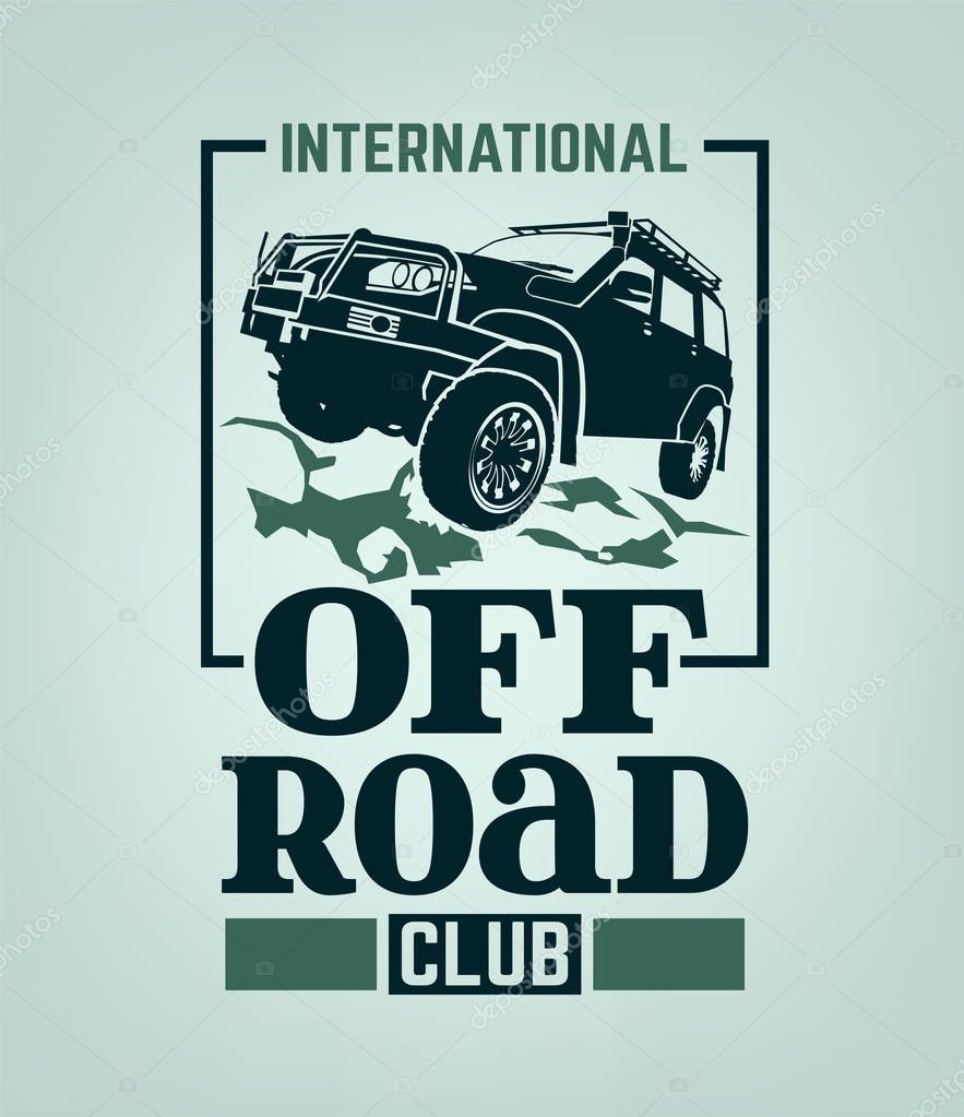 Extreme competition emblem. Off-roading suv adventure and car event design elements. Beautiful vector illustration in green color isolated on a light background.