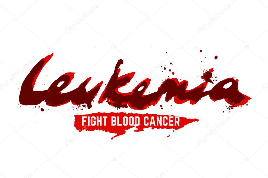 Leukemia lettering. Vector illustration in deep red color with liquid hematic letters isolated on a white background. leucaemia disease awareness symbol. Fight blood cancer concept.