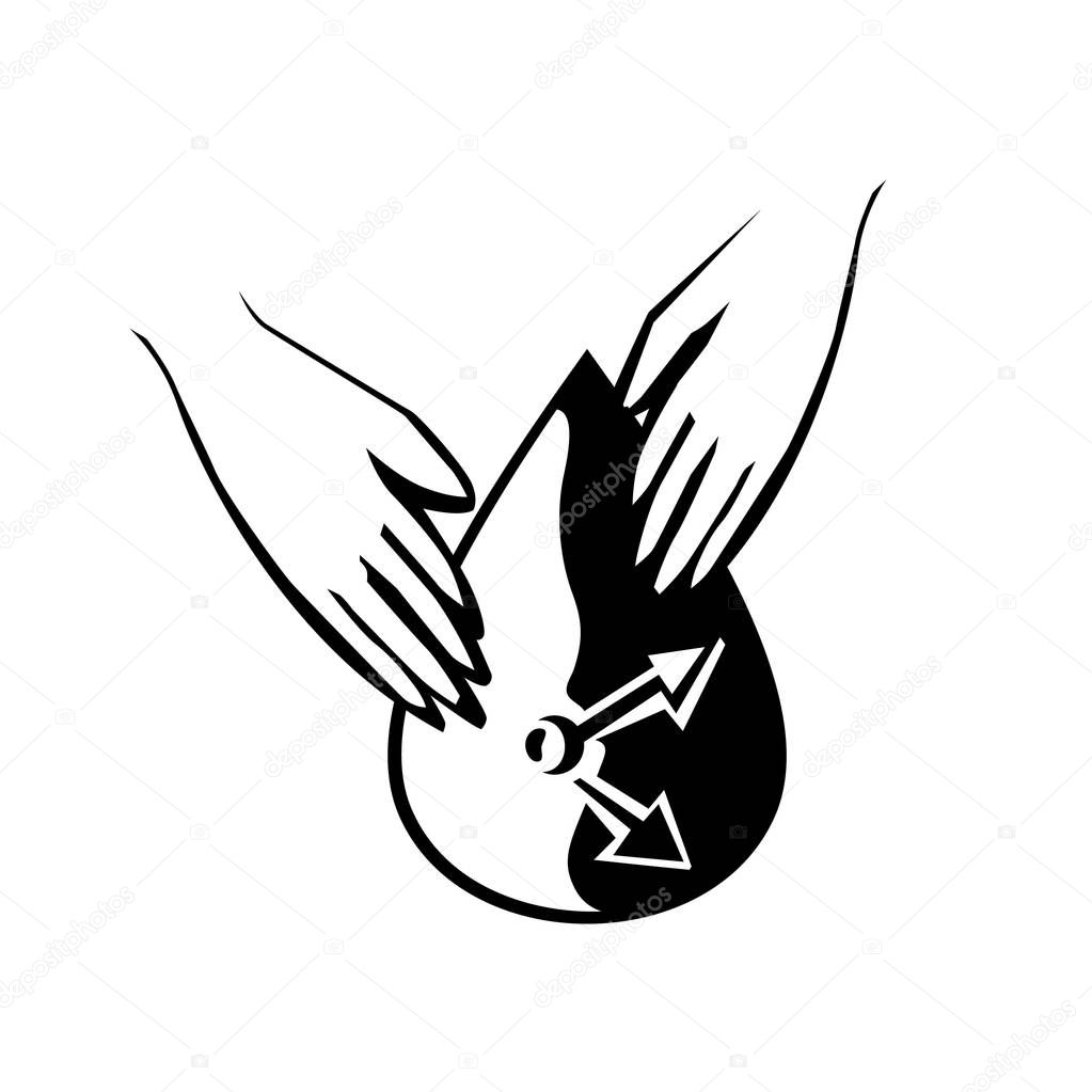 Menopause vector icon. Editable illustration with women hands and a clock symbol in black color isolated on a white background. Medical, healthcare and feminine concept.