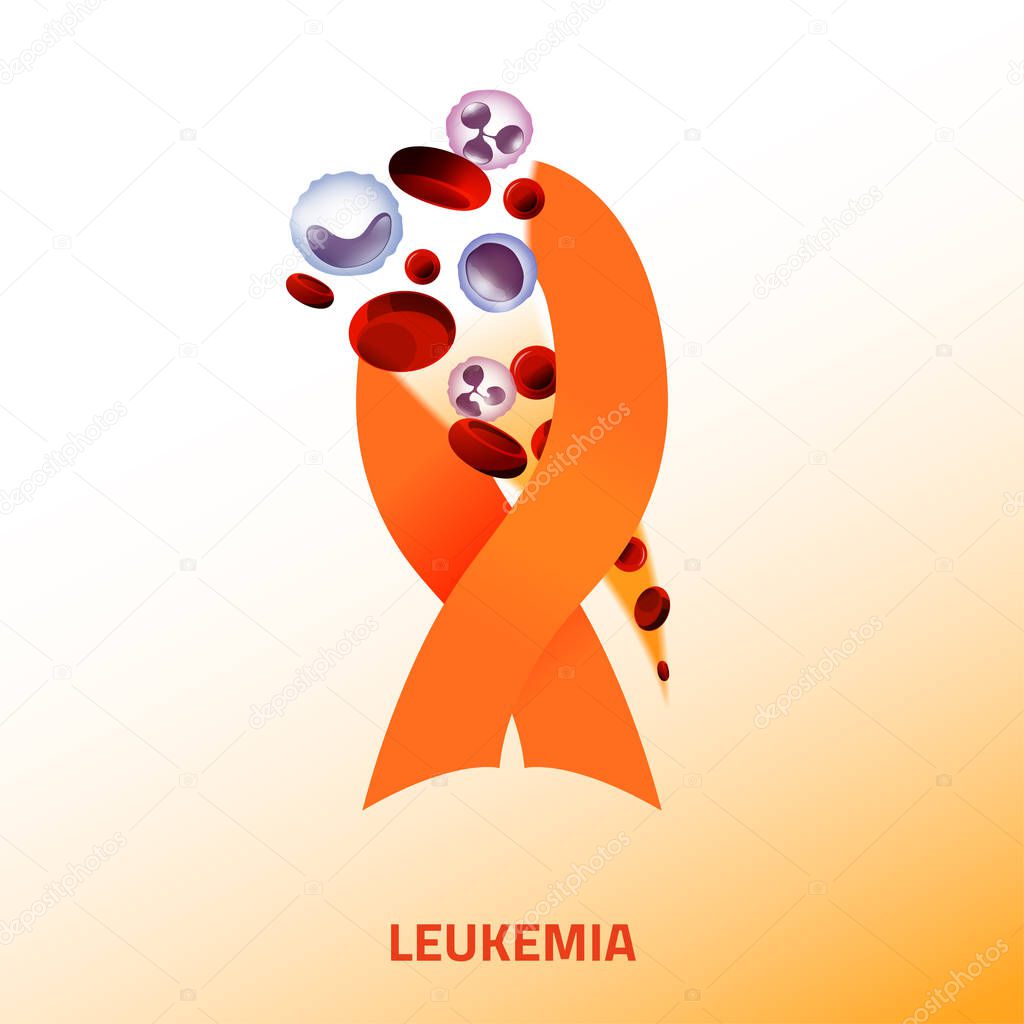 Leukemia icon. Orange ribbon and blood cells in modern style isolated on light background. Leukaemia disease awareness symbol. Editable vector illustration. Medical, scientific and healthcare concept.
