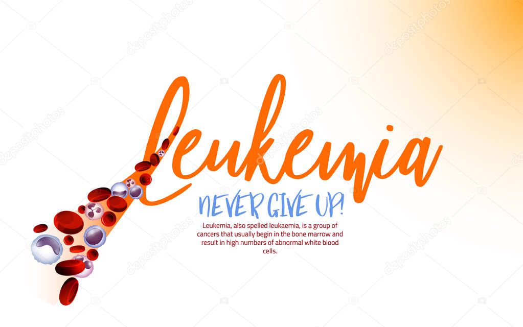 Leukemia logotype. Orange ribbon and blood cells in modern style isolated on light background. Leukaemia disease awareness symbol. Vector illustration. Medical, scientific and healthcare concept.