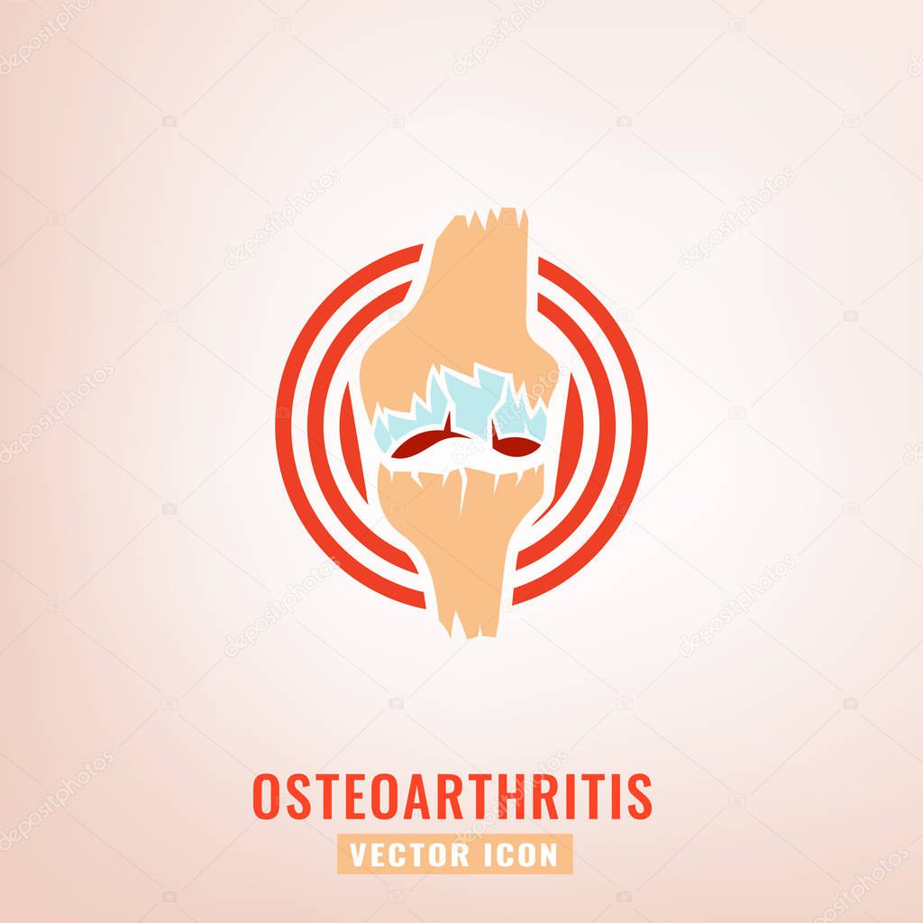 Osteoarthritis icon for medical design. Knee bones injury. Arthritis logotype in flat style. Leg pictogram. Rheumatism logo. Broken bone sign. Editable vector illustration isolated on white background
