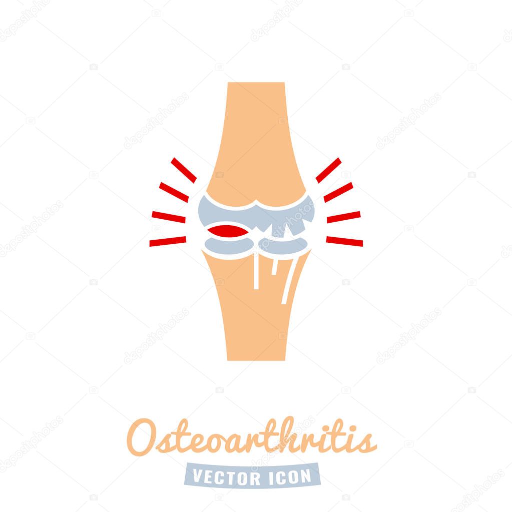 Osteoarthritis icon for medical design. Knee bones injury. Arthritis logotype in flat style. Leg pictogram. Rheumatism logo. Broken bone sign. Editable vector illustration isolated on white background