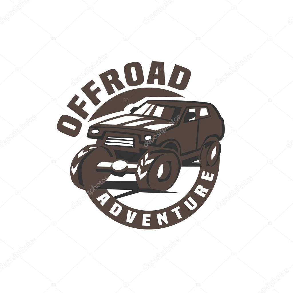 Off-road car logo. Off-roading suv adventure, extreme competition emblem and car club element. Beautiful vector illustration in brown, grey color isolated on a white background.
