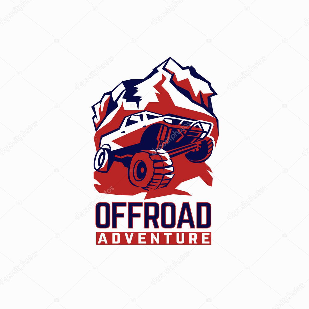 Off-road car. Off-roading suv adventure, extreme competition emblem and car club element. Beautiful vector illustration in blue, red color isolated on a white background.