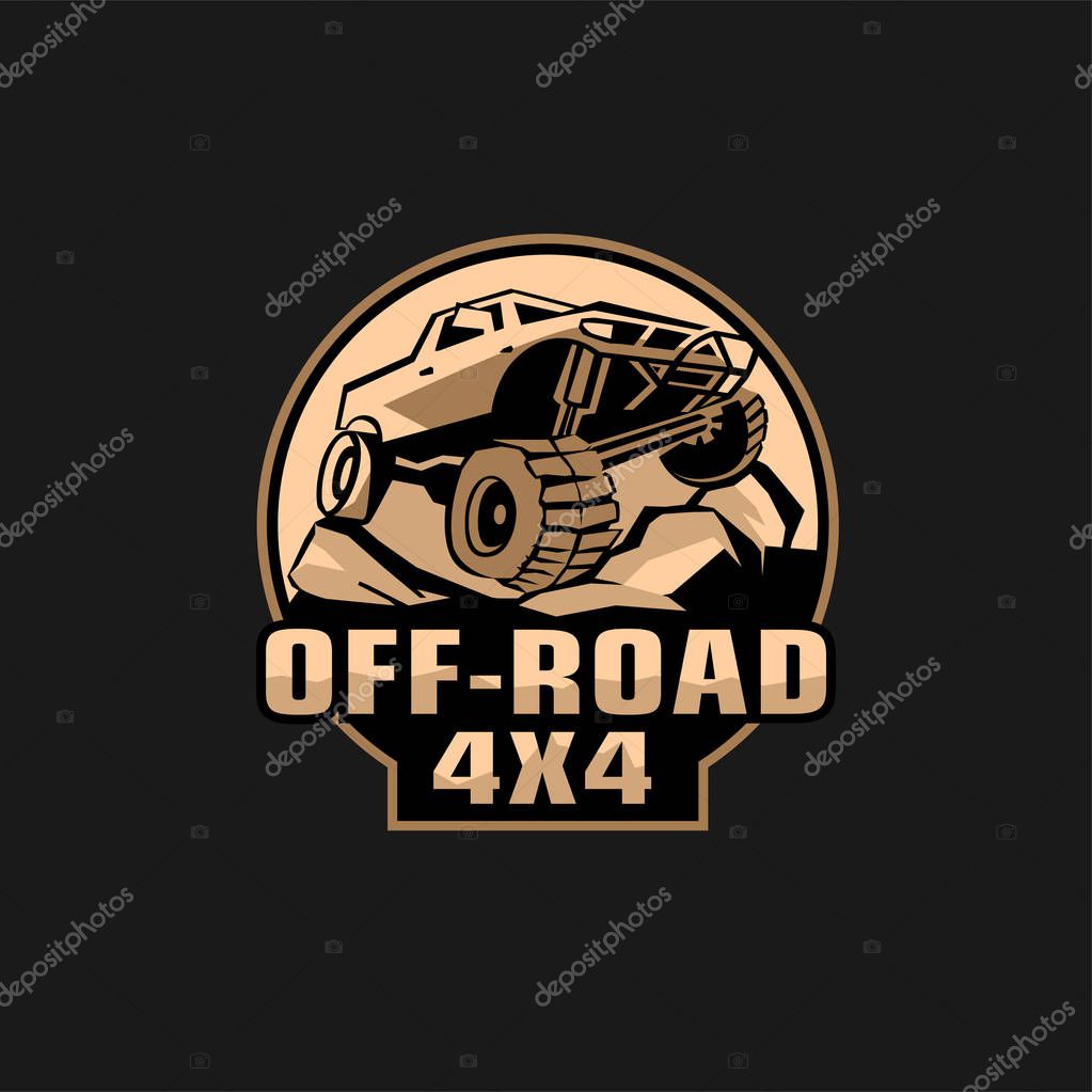 Off-road 4x4 team. Off-roading suv adventure, extreme competition emblem and car club element. Beautiful editable vector illustration in black, brown, beige color isolated on a dark grey background.