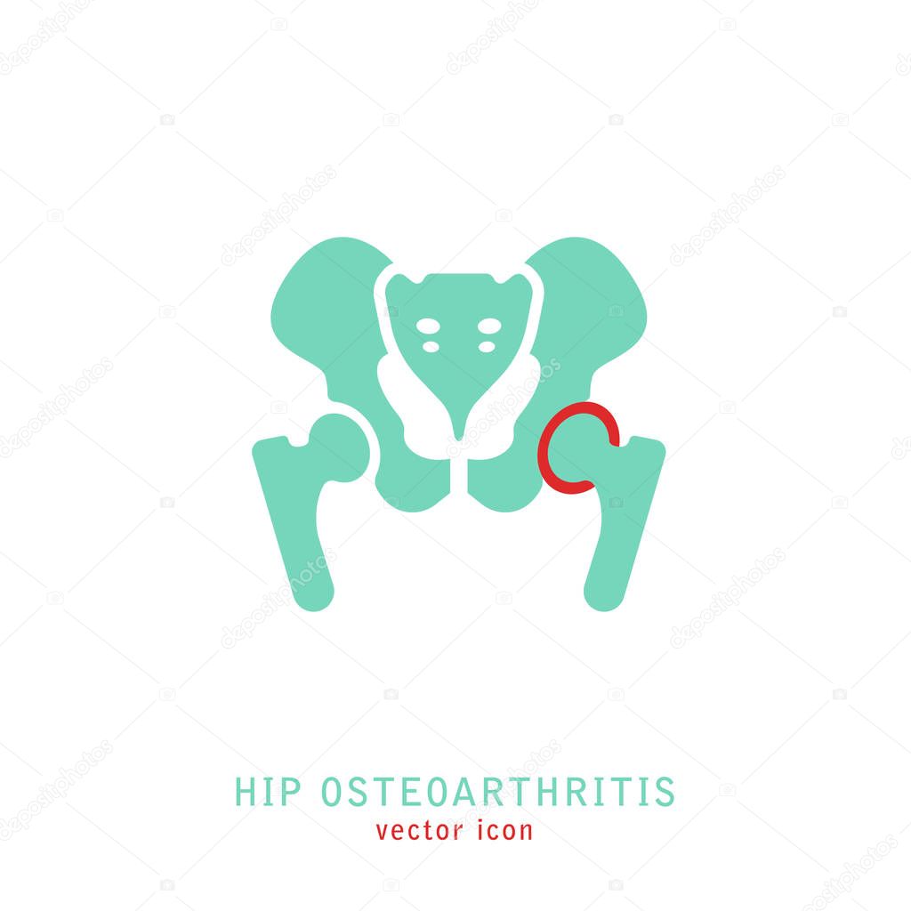 Hip Osteoarthritis Icon. Flat style. Lower back and joint pain. Editable vector illustration isolated on a white background. Medical, healthcare, elderly diseases graphic concept.