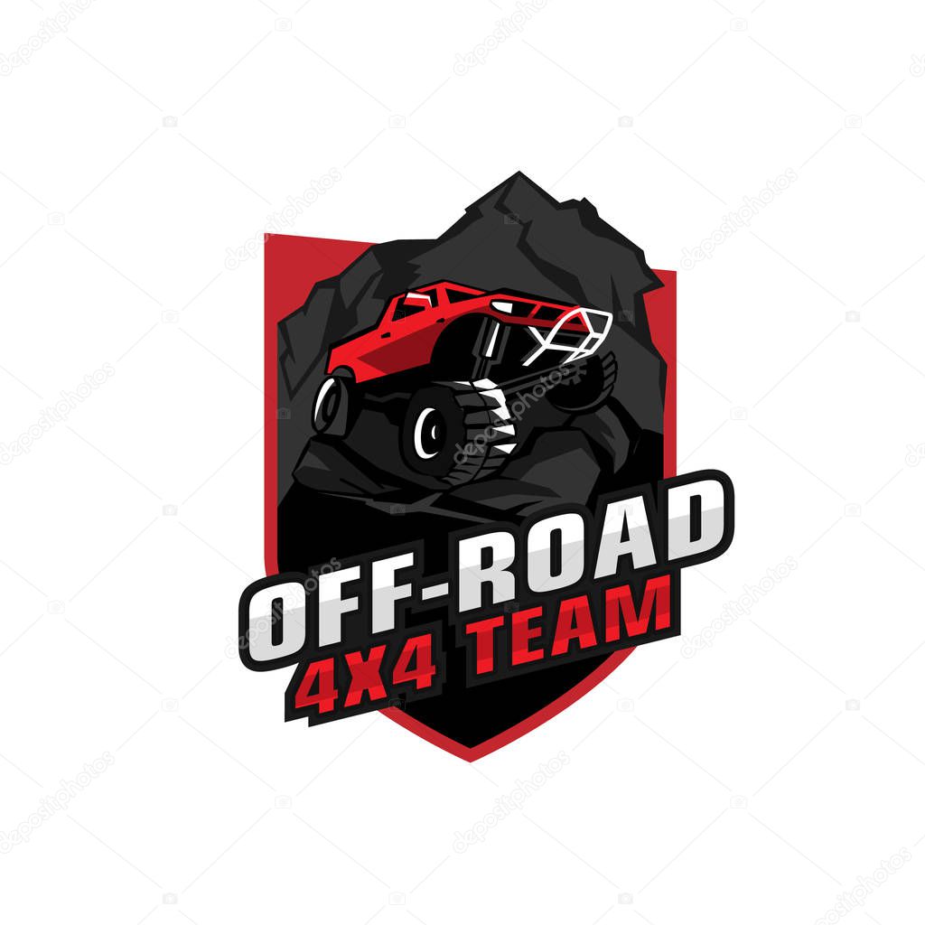 Off-road 4x4 team. Off-roading suv adventure, extreme competition emblem and car club element. Beautiful editable vector illustration in black, red, grey color isolated on a white background.