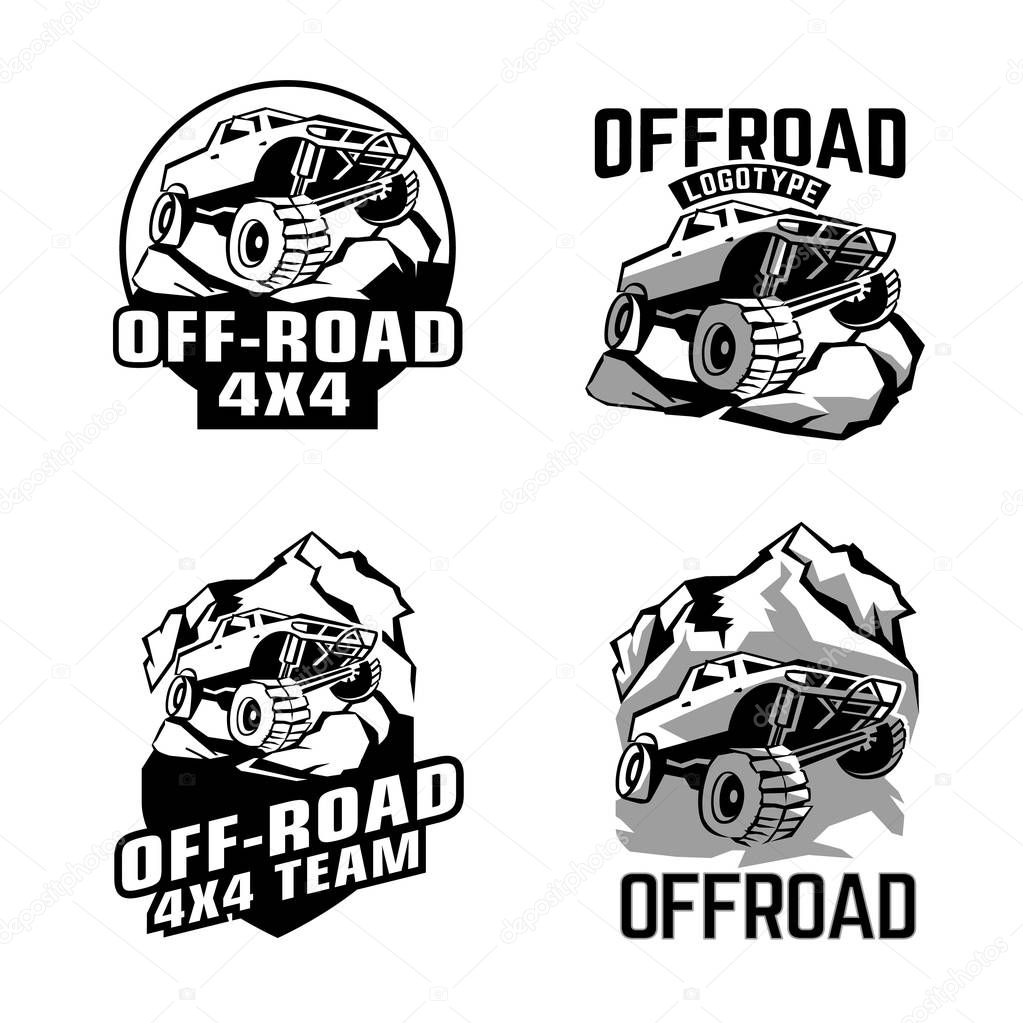 Off-road logo set. Off-roading suv adventure, extreme competition emblem and car club element. Beautiful editable vector illustration in black, grey color isolated on a white background.
