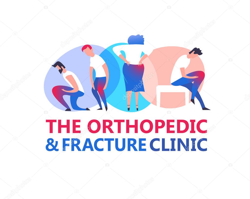 Orthopedic illustration. Modern vanguard simplistic style. Hip and knee bones injury. Rheumatology clinic. Editable vector in bright violet, blue, pink colors. Medical, healthcare, scientific concept