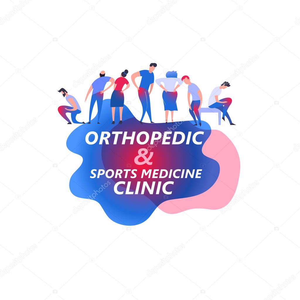 Orthopedic illustration. Modern vanguard simplistic style. Hip and knee bones injury. Rheumatology clinic. Editable vector in bright violet, blue, pink colors. Medical, healthcare, scientific concept