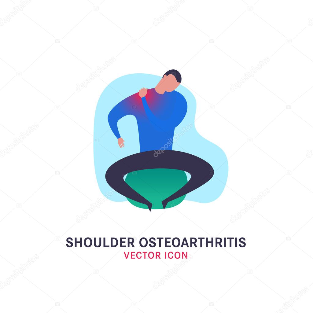Shoulder osteoarthritis icon in modern vanguard simplistic style. Spine bones injury. Broken bone sign. Vector illustration in bright violet, blue, pink vibrant colors. Medical, healthcare concept.