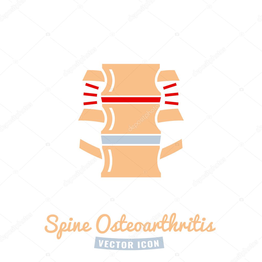 Osteoarthritis icon for medical design. Spine bones injury. Arthritis logotype in flat style. Spinal pictogram. Rheumatism logo. Broken bone sign. Vector illustration isolated on white background