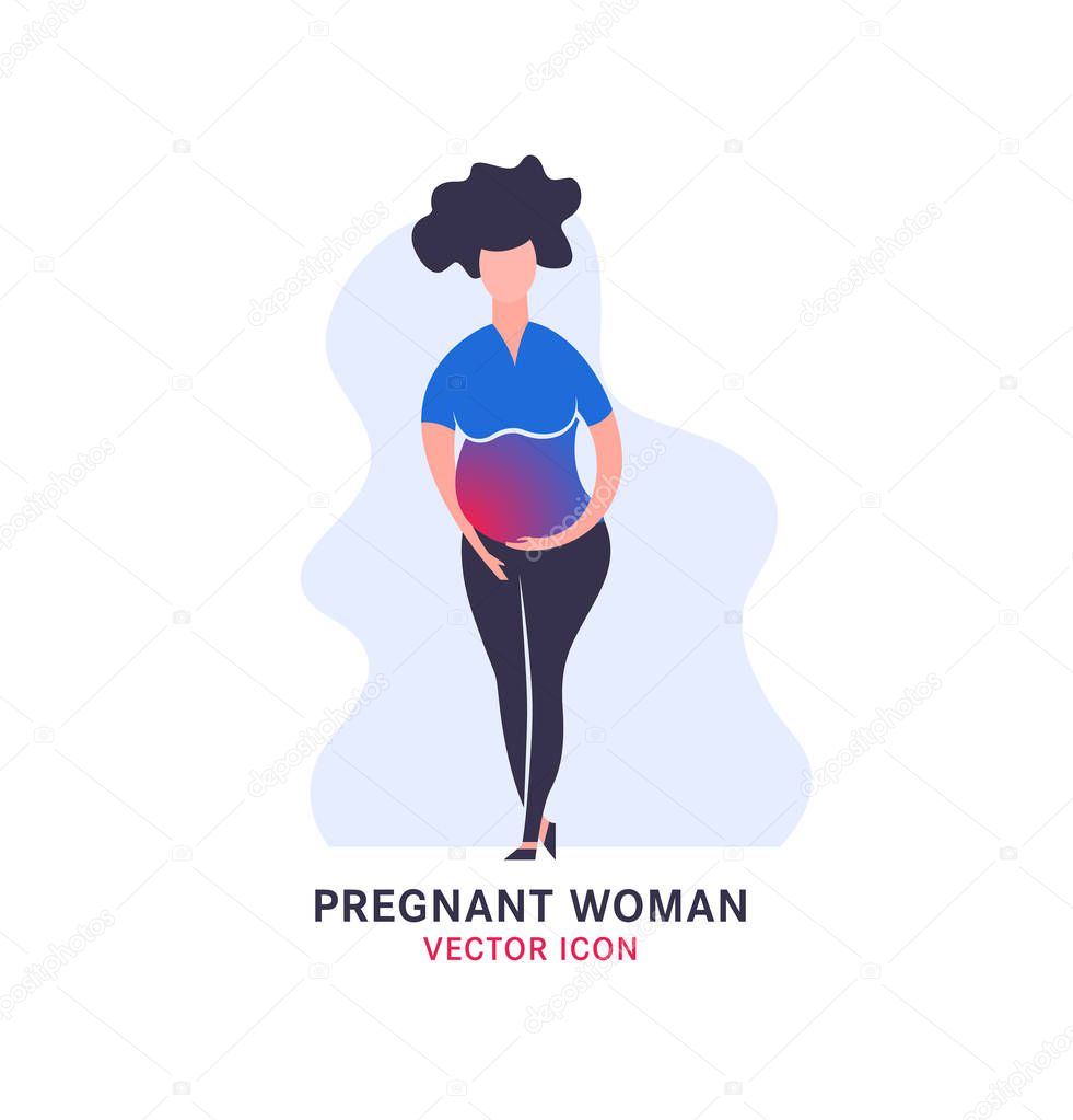 Pregnant woman icon in modern vanguard simplistic style. Prenatal clinic sign. Editable vector illustration in bright pink, blue, violet vibrant colors. Medical, healthcare, childbearing concept.