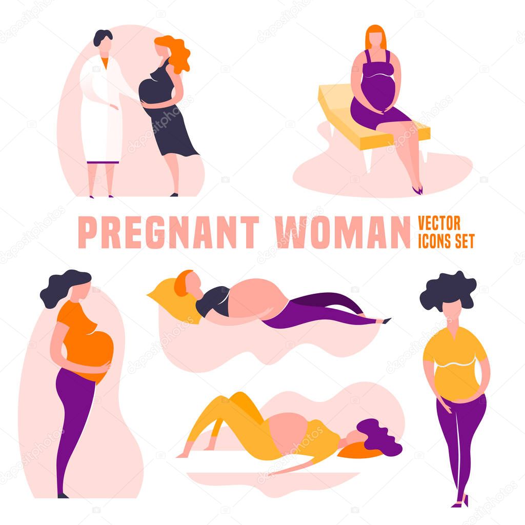 Pregnant women icons in modern vanguard simplistic style. Prenatal clinic signs. Editable vector illustrations in pink, blue, violet, orange vibrant colors. Medical, healthcare, childbearing concept