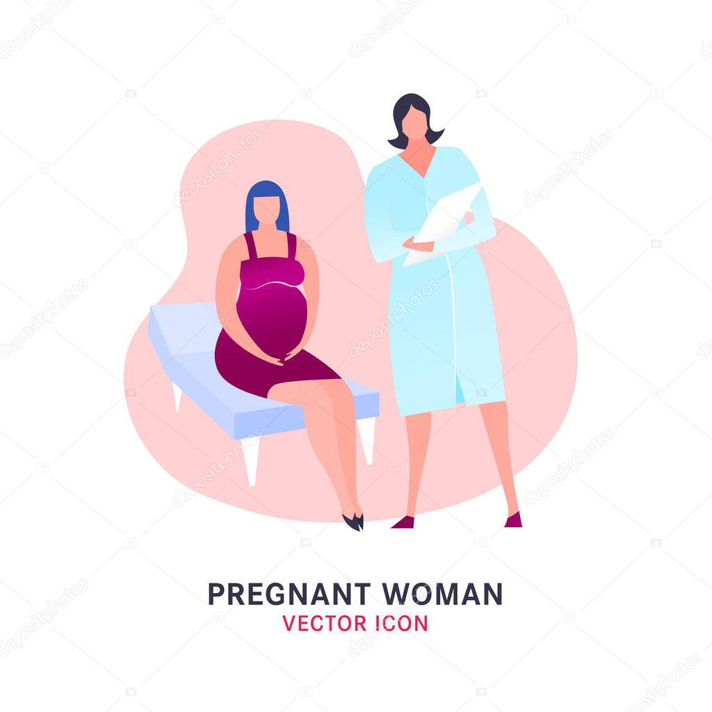 Pregnant woman icon in modern vanguard simplistic style. Prenatal clinic sign. Editable vector illustration in bright blue, pink vibrant colors. Medical, healthcare, child bearing concept.