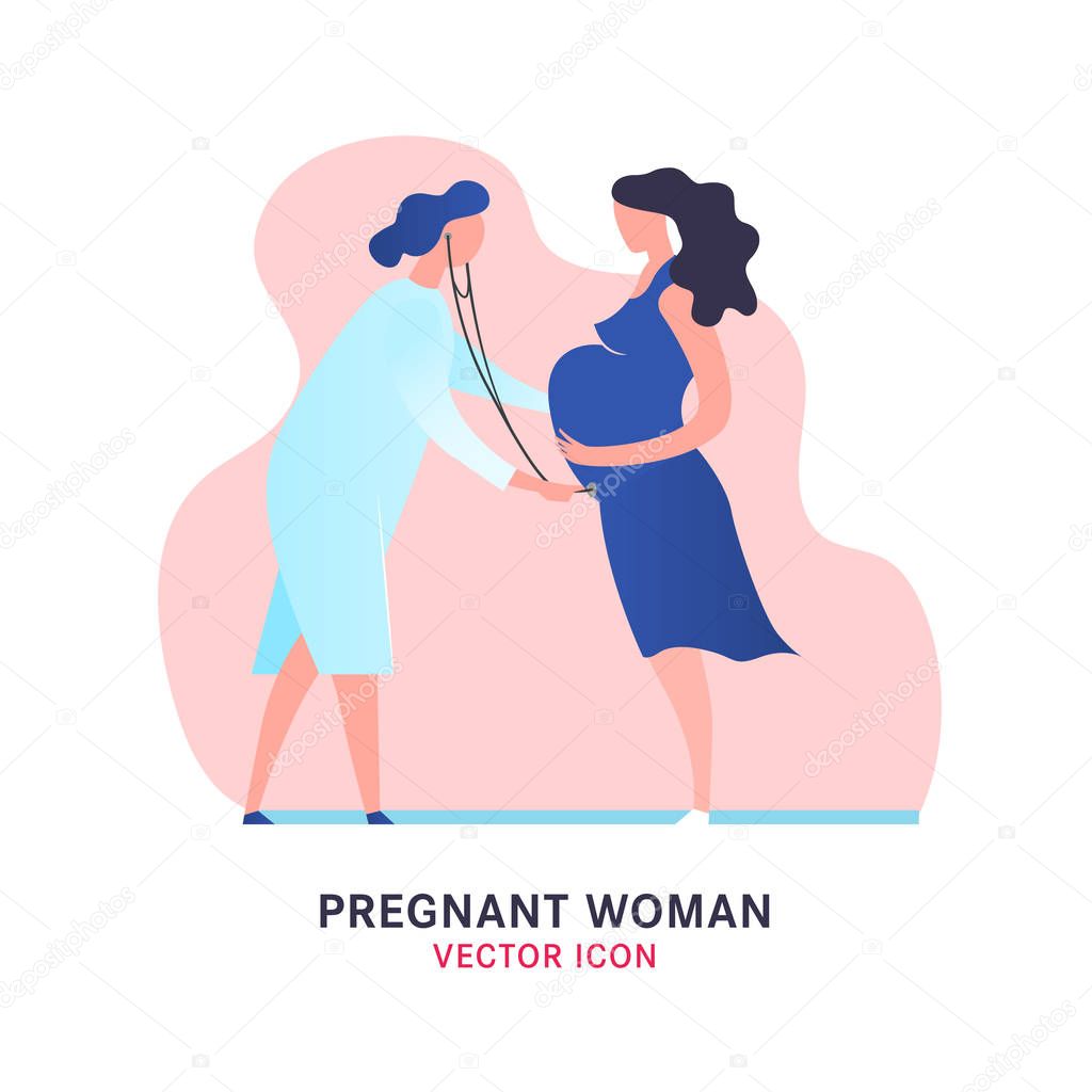 Pregnant woman image in modern vanguard simplistic style. Prenatal clinic sign. Editable vector illustration in bright blue, pink vibrant colors. Medical, healthcare, child bearing concept.