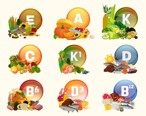 Collection de vitamines avec de la nourriture — Image vectorielle