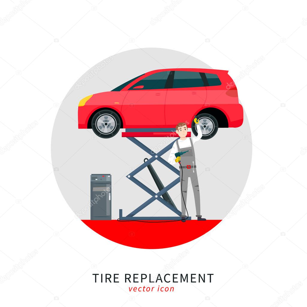 Mechanic in a garage sign. Wheels and tyre fitting service. Transportation, tire repair, computerized balancing concept. Editable vector illustration in flat cartoon style isolated on white background